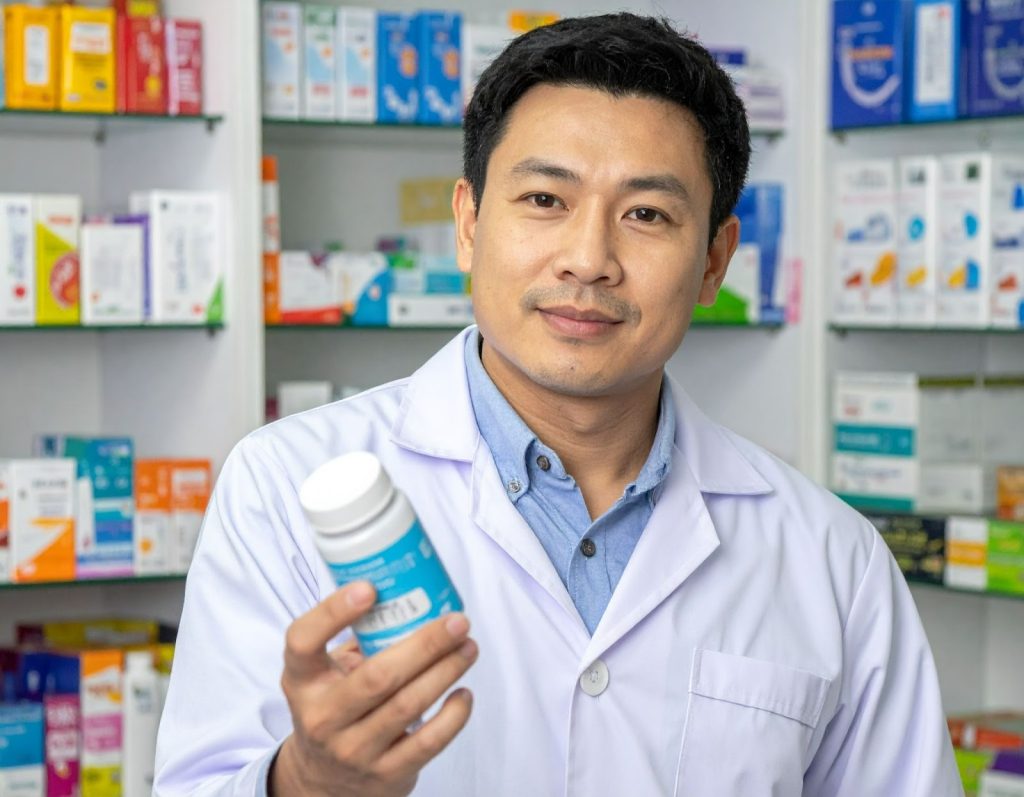 藥師在藥局展示不同品牌的UC-II保健品給顧客挑選