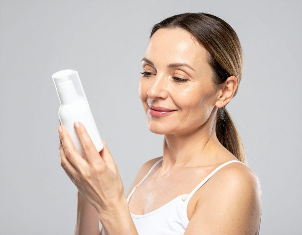 中年女性查看UC-II成分標示,仔細比較產品差異