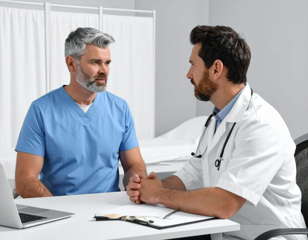 中年男性坐在診間與醫師討論前列腺炎治療方式，神情專注