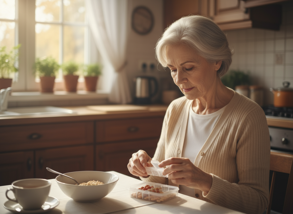 長者在廚房打開藥盒檢查日期，窗外光線柔和