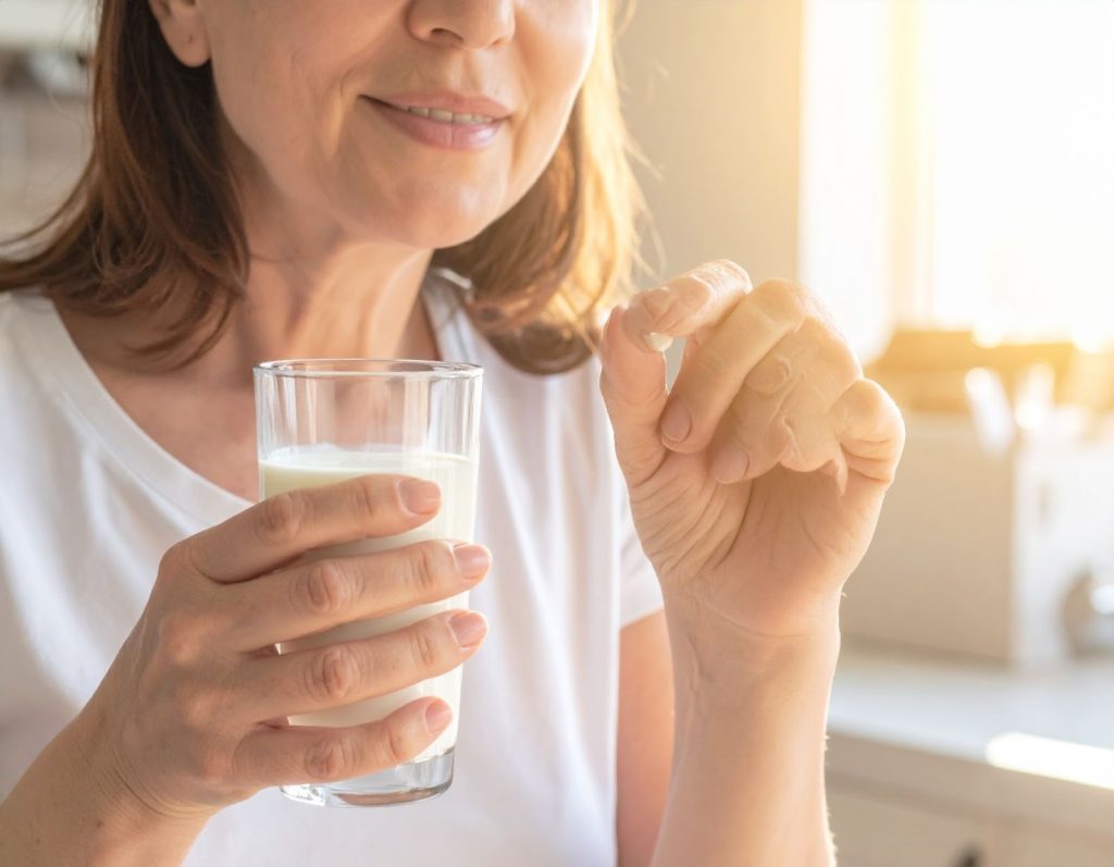 早晨陽光灑入廚房，一位中年女性搭配早餐服用鈣片與一杯牛奶