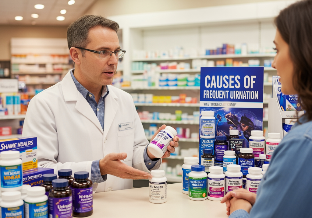 藥師在藥局櫃台前與顧客解說頻尿成因，桌上擺放保健食品與營養補充品