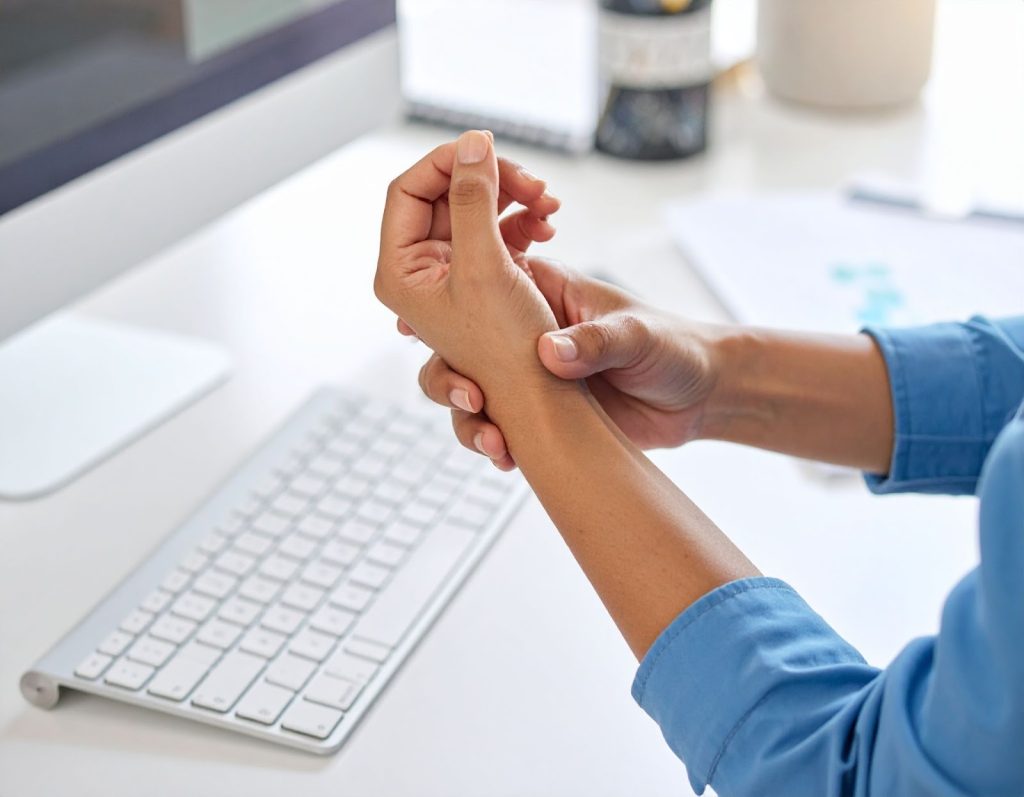 女性在辦公桌前打字時露出輕微疼痛表情，一手扶著手指關節，背景為電腦鍵盤與文件