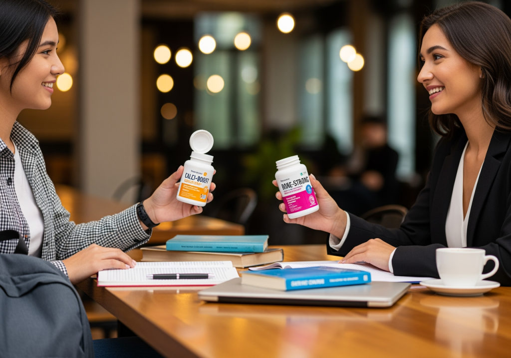 學生與上班族並排坐在桌前，手中分別拿著不同品牌的鈣片包