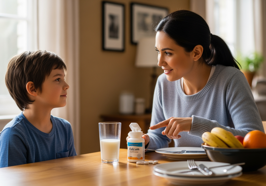 家庭場景中，母親提醒孩子每日補鈣，餐桌上擺著牛奶與鈣片瓶