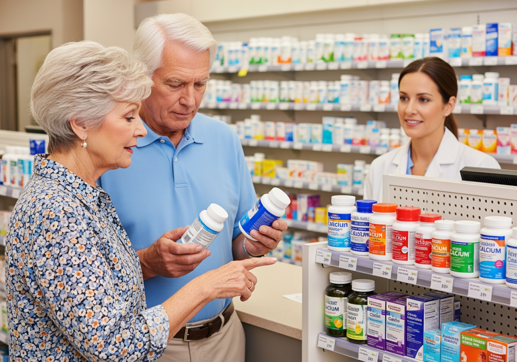年長夫妻在藥局櫃前挑選鈣片