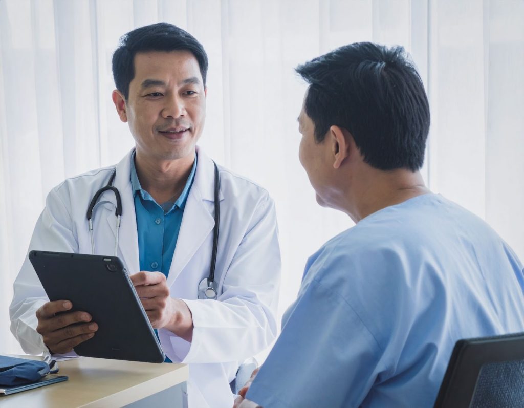 中年男性在診間與醫師討論檢查報告，畫面聚焦於醫師講解與平板畫面