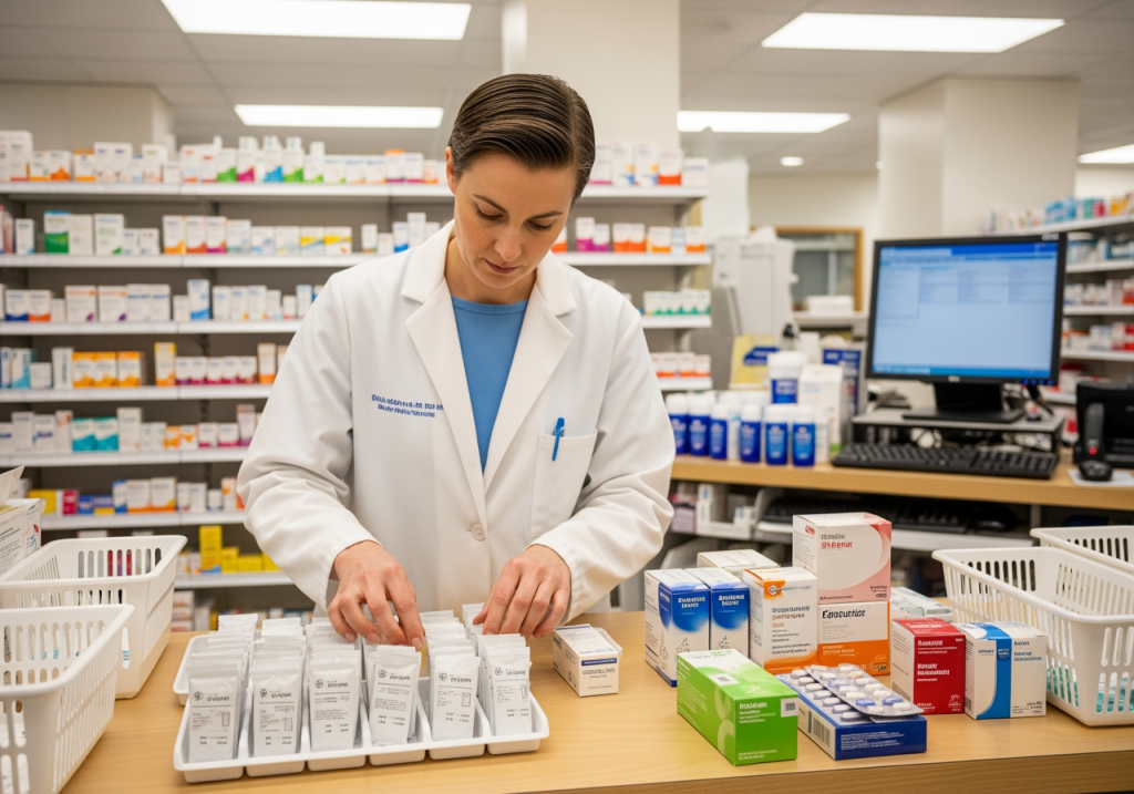 藥師在藥局內整理藥袋與藥盒