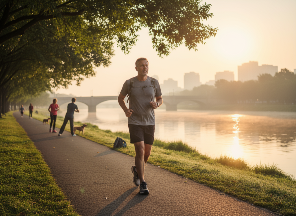 中年男子清晨在河畔慢跑，象徵維持健康與調整生活作息的重要性