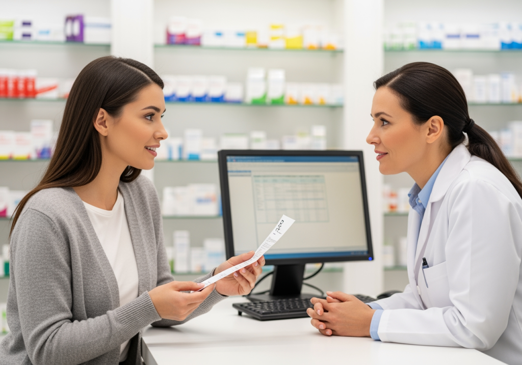 年輕媽媽拿著處方箋與藥師諮詢用藥安全