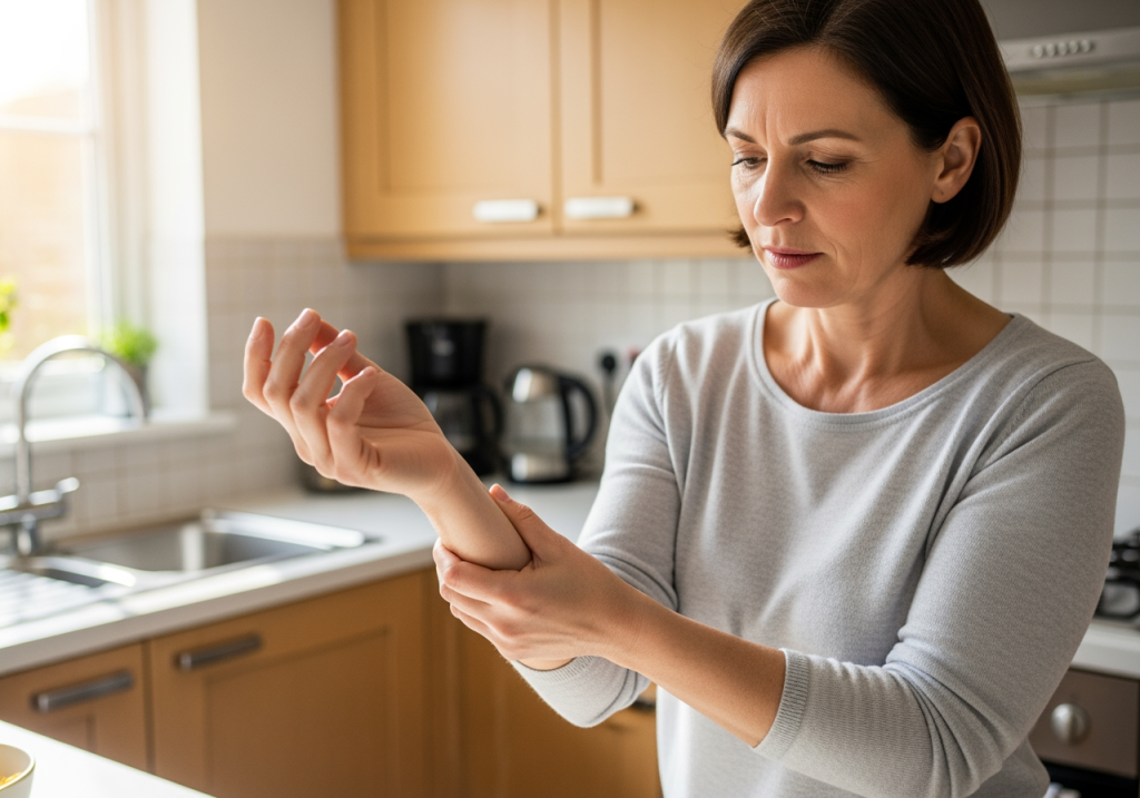中年女性在廚房伸手輕揉手腕緩解疼痛