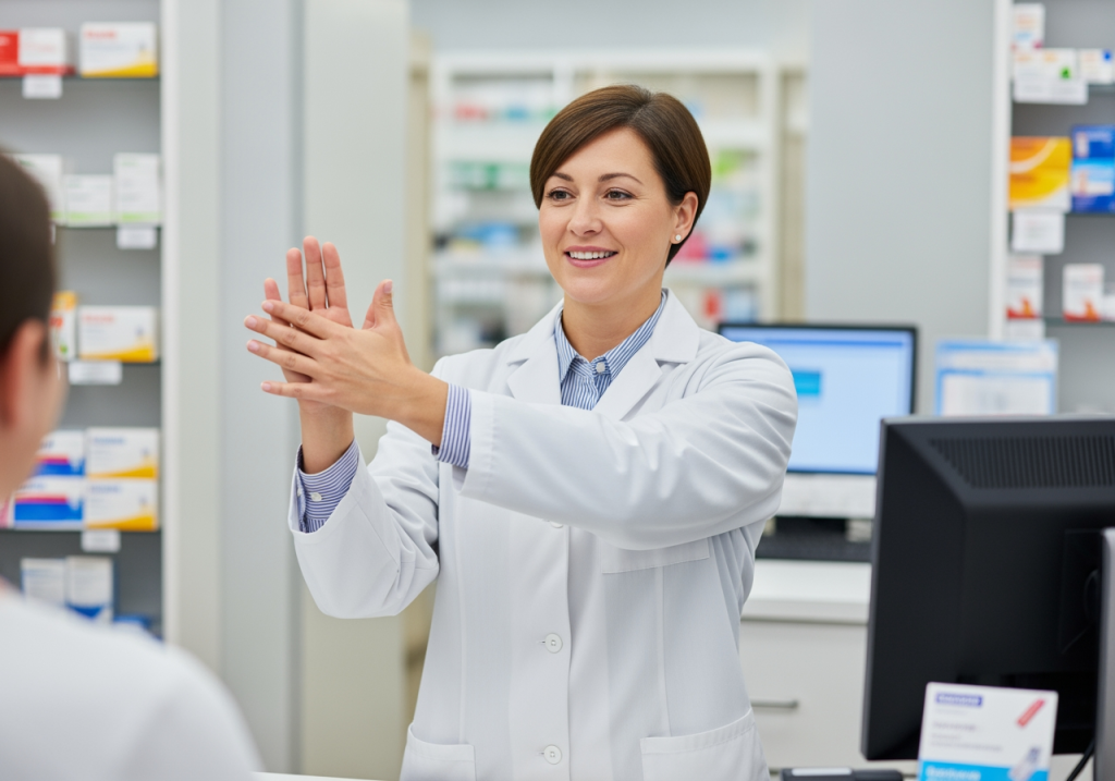 藥師在藥局櫃檯示範手部伸展運動，指導患者放鬆手腕肌群