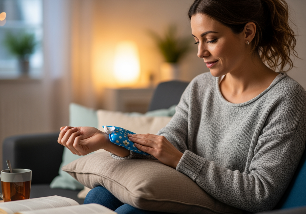 媽媽在家使用熱敷袋敷在手腕上