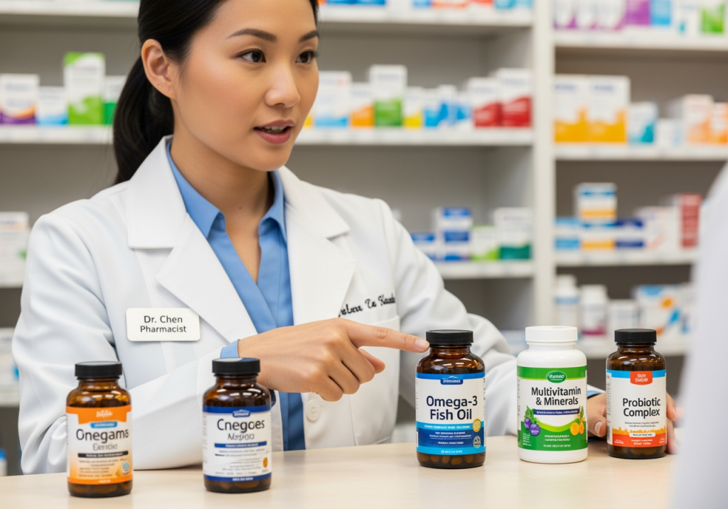 藥師在櫃檯前解說三種保健品