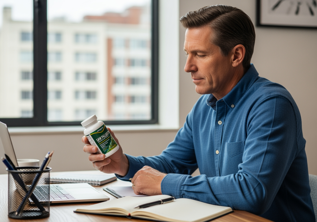 中年男性坐在辦公桌旁，仔細查看鋸棕櫚保養膠囊罐