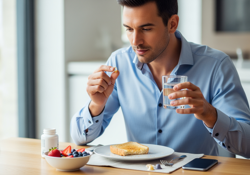 男性上班族在早餐桌前搭配水服用膠囊