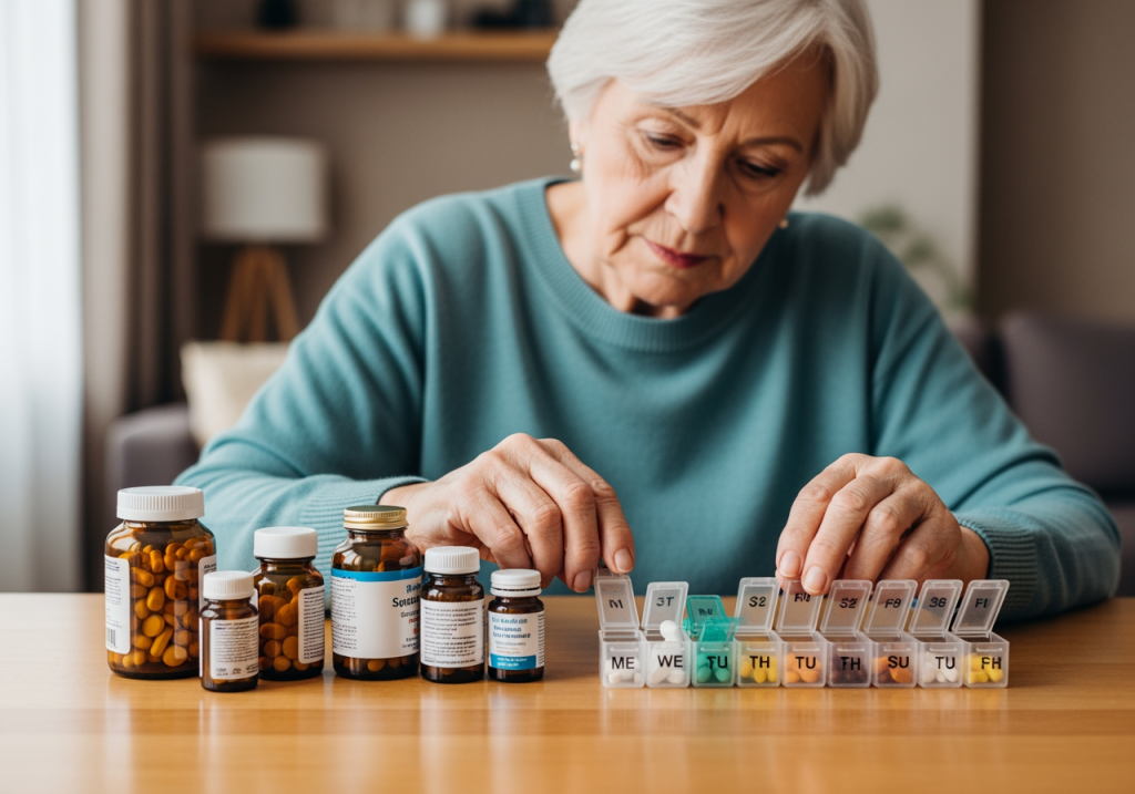 長輩在家整齊擺放每日保健品，仔細查看標籤