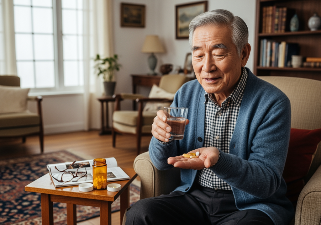 爺爺在客廳配水服用保健品