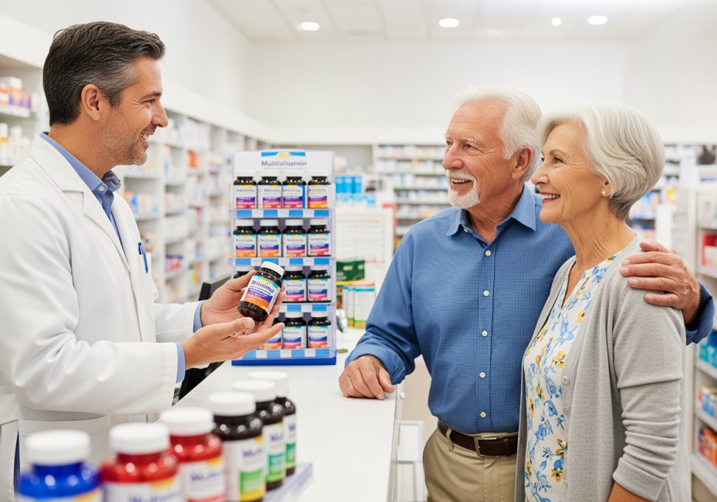 藥師微笑地向銀髮夫妻介紹綜合維他命產品