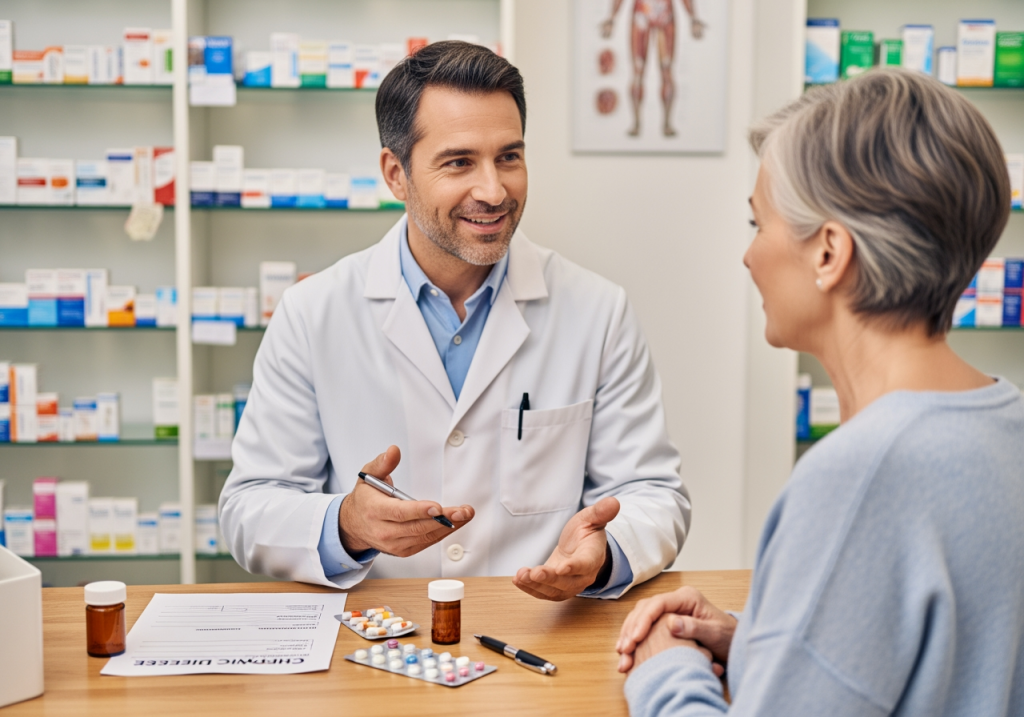 藥師在藥局櫃檯為民眾講解藥物使用方式，桌上擺放慢性病處方箋