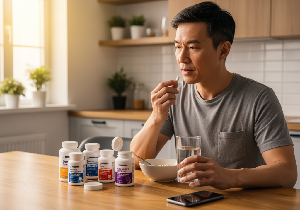 男子在家吃保健品配水