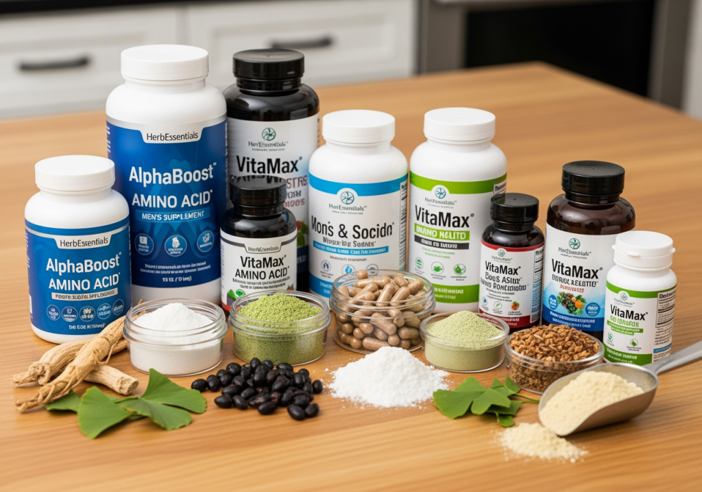 男性保健品、胺基酸補充品與草本萃取放在桌上