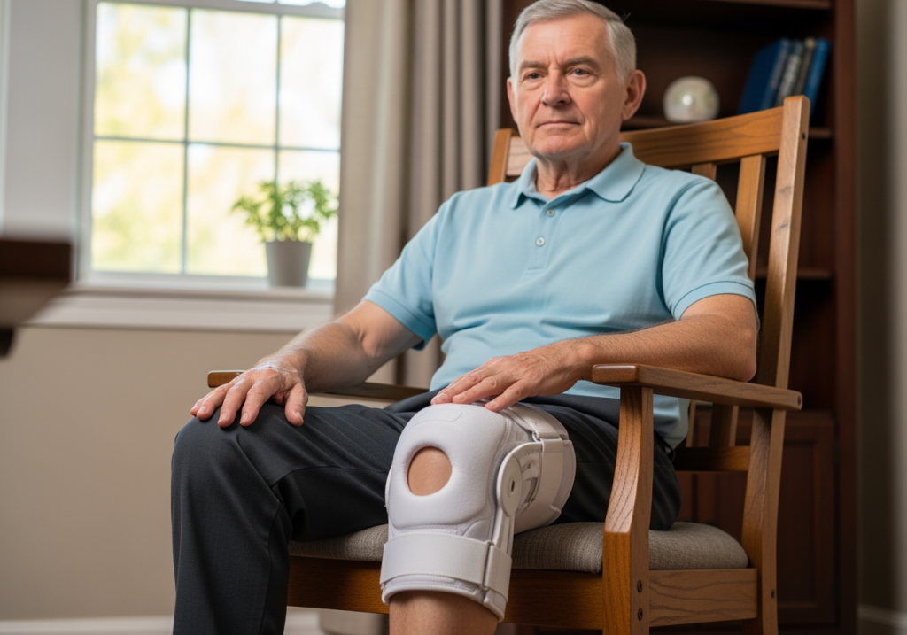 長者使用護膝，坐在椅子上