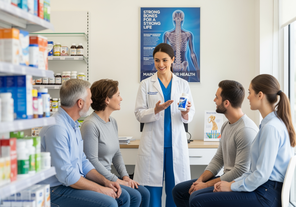 藥師教民眾如何保健品，背景有骨骼健康海報