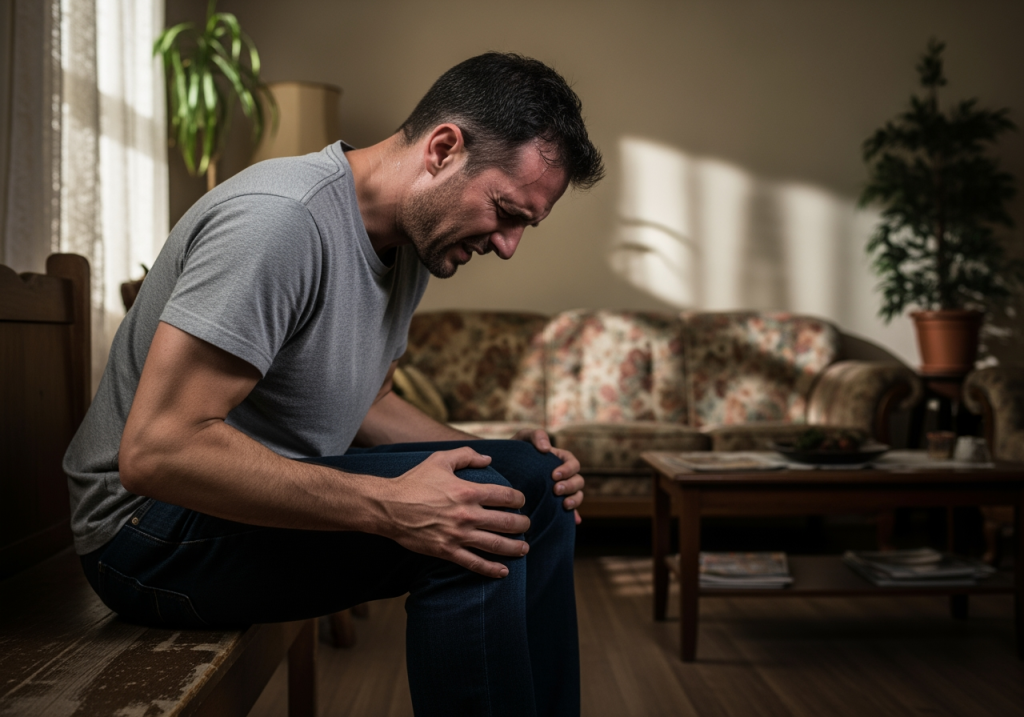 男性捧著膝蓋感到不適