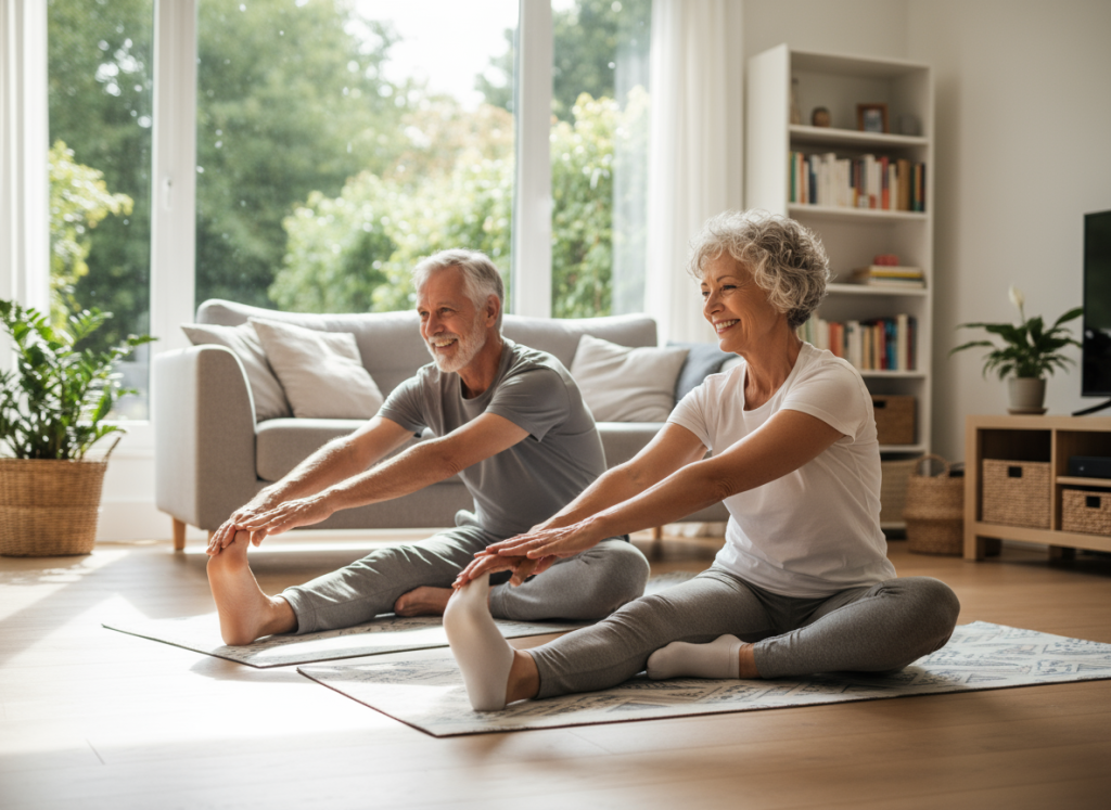 年長夫妻在客廳一起做瑜伽伸展，笑容自然