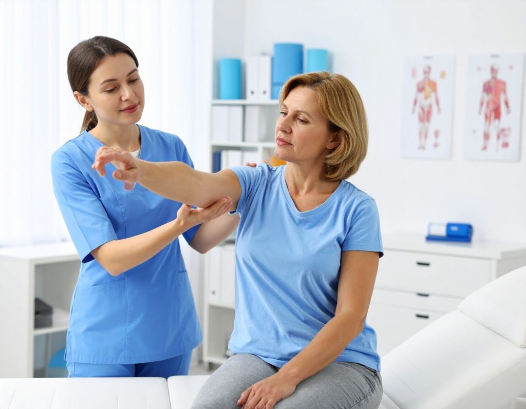 復健師協助患者進行手腕拉伸與神經放鬆訓練，背景為物理治療室，呈現正確治療方式與改善過程