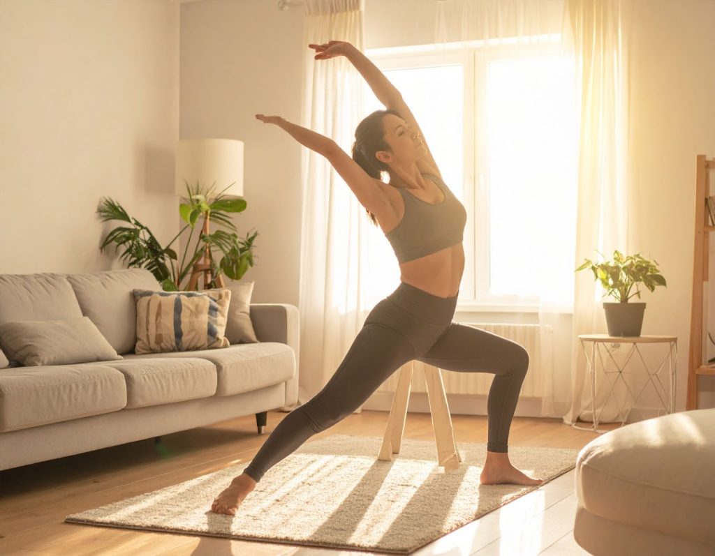 媽媽在客廳做伸展運動，陽光灑落客廳