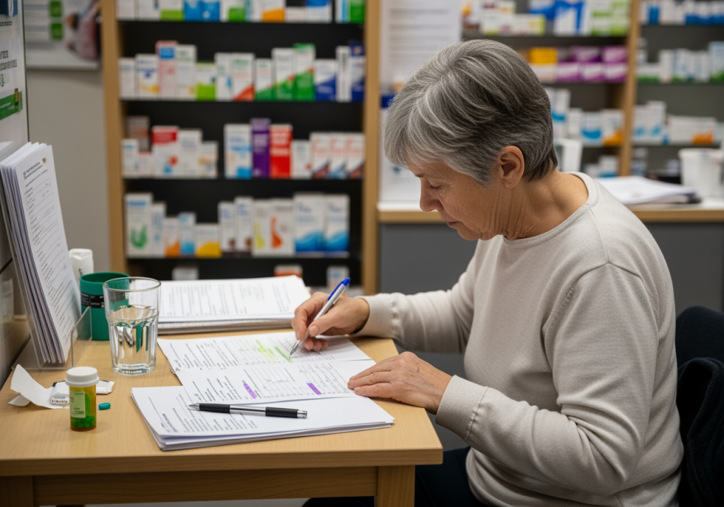 藥局內，長輩低頭閱讀病歷表