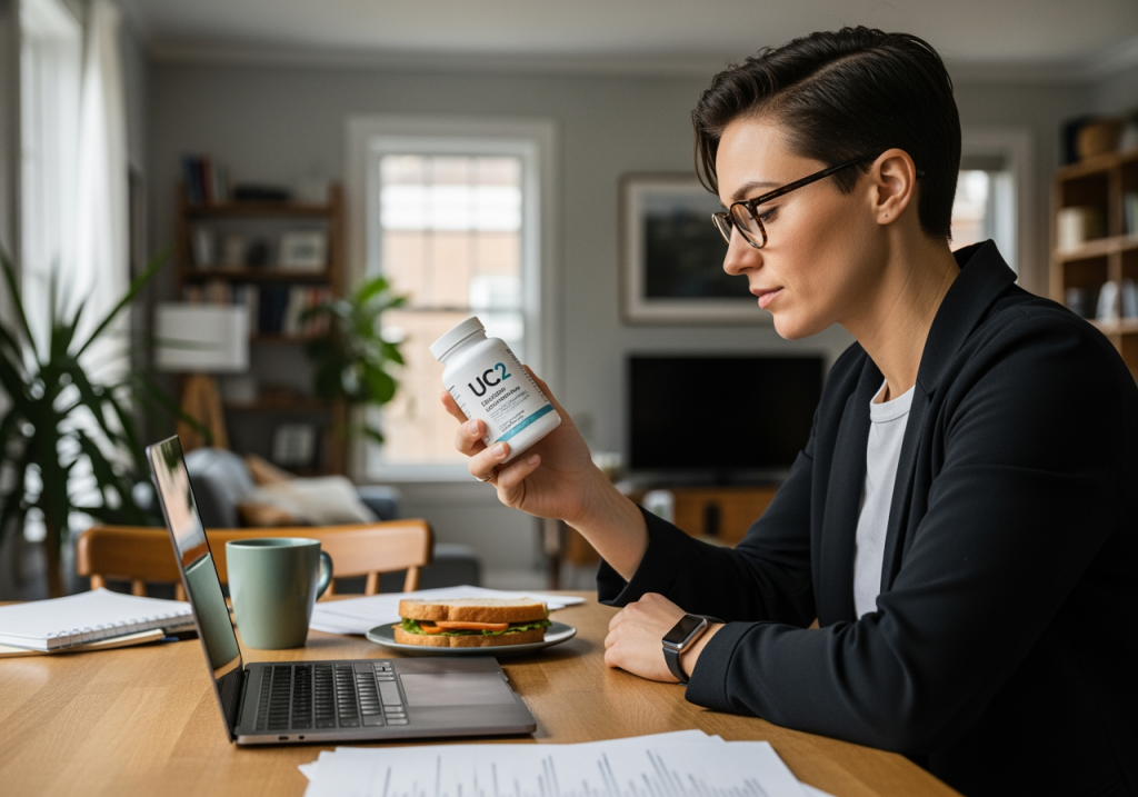 上班族在家中餐桌前閱讀 UC2藥瓶