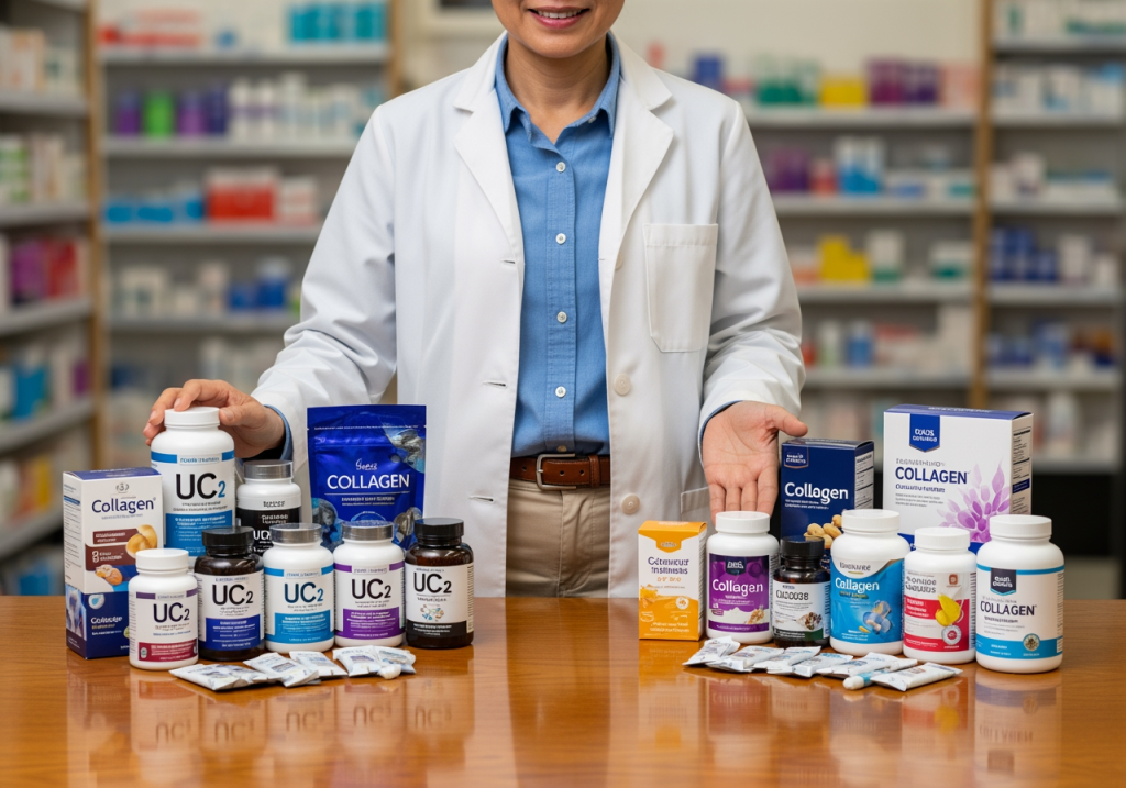 藥師在桌前擺放 UC2 與膠原蛋白產品
