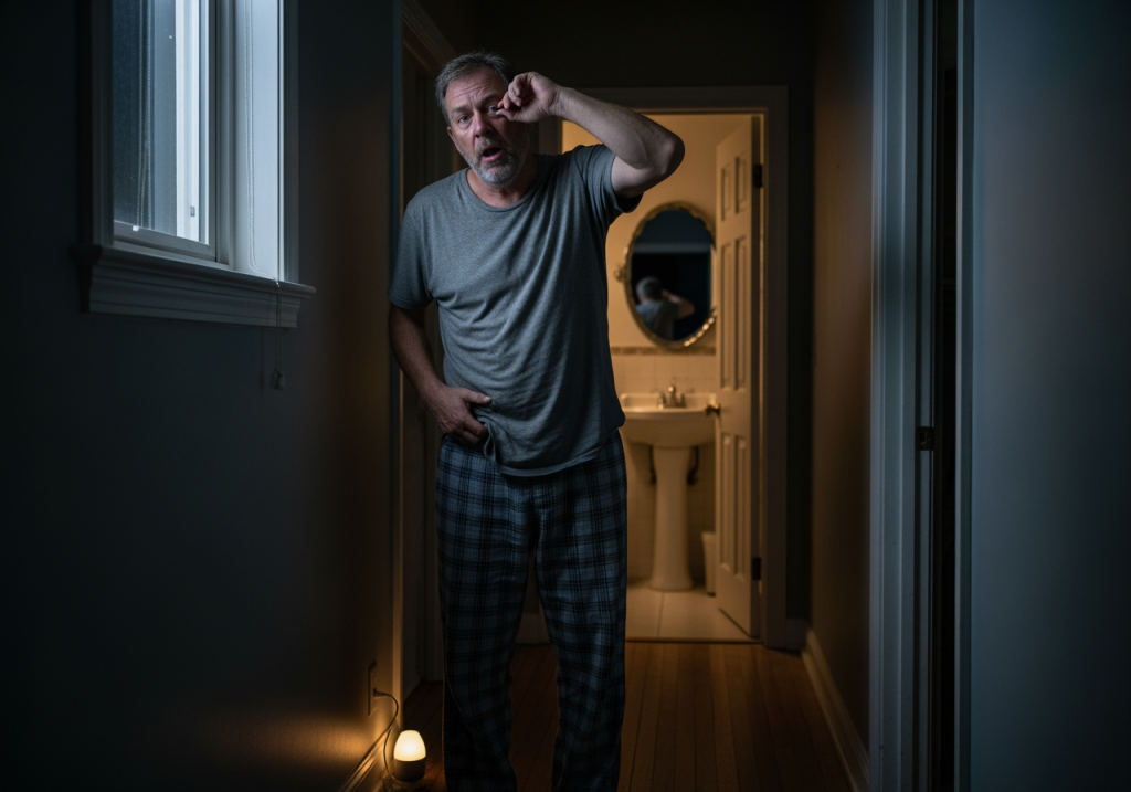 中年男性夜晚起床上廁所，神情疲憊