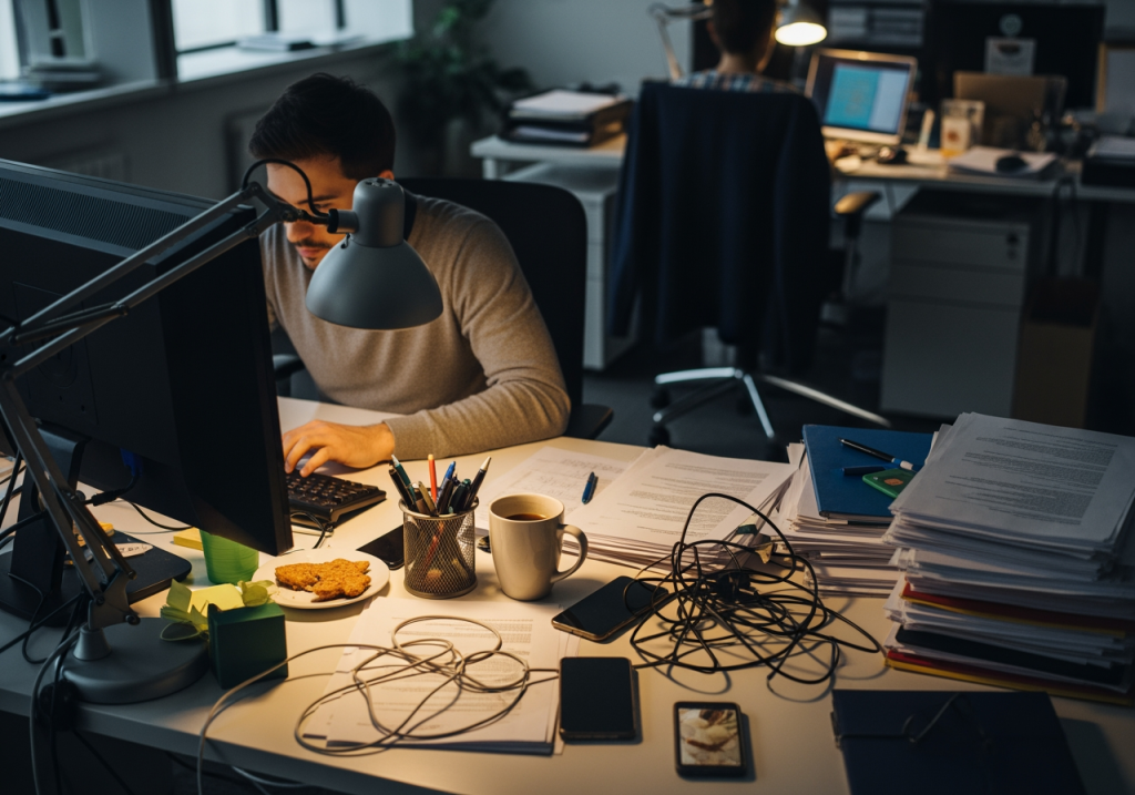 辦公室內，一名久坐的工作者低頭盯著電腦，桌面凌亂