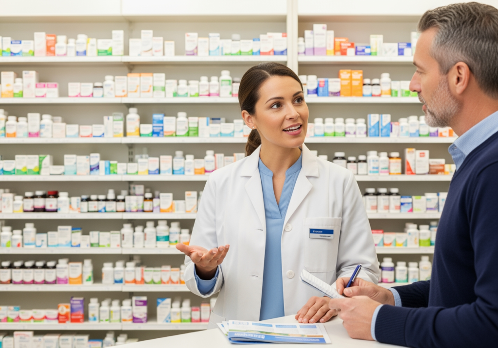 藥局內，藥師向民眾解說生活習慣與健康關聯，背景是整齊藥架