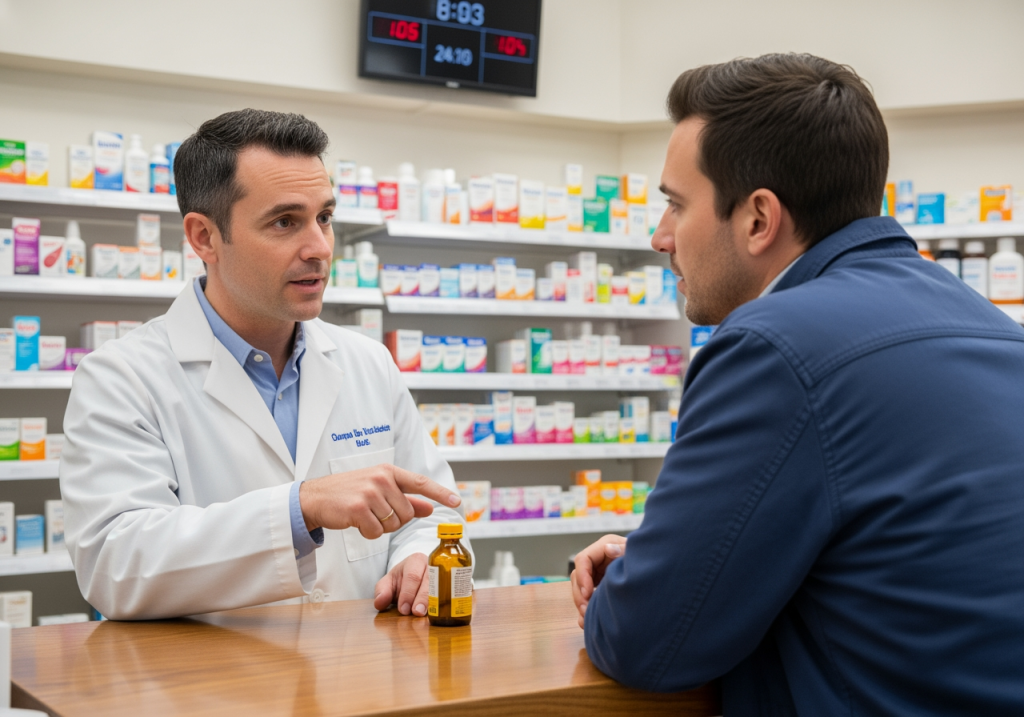 藥師站在藥局櫃檯前，為男子解說