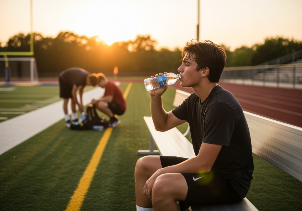 運動後的年輕人坐在場邊補充水