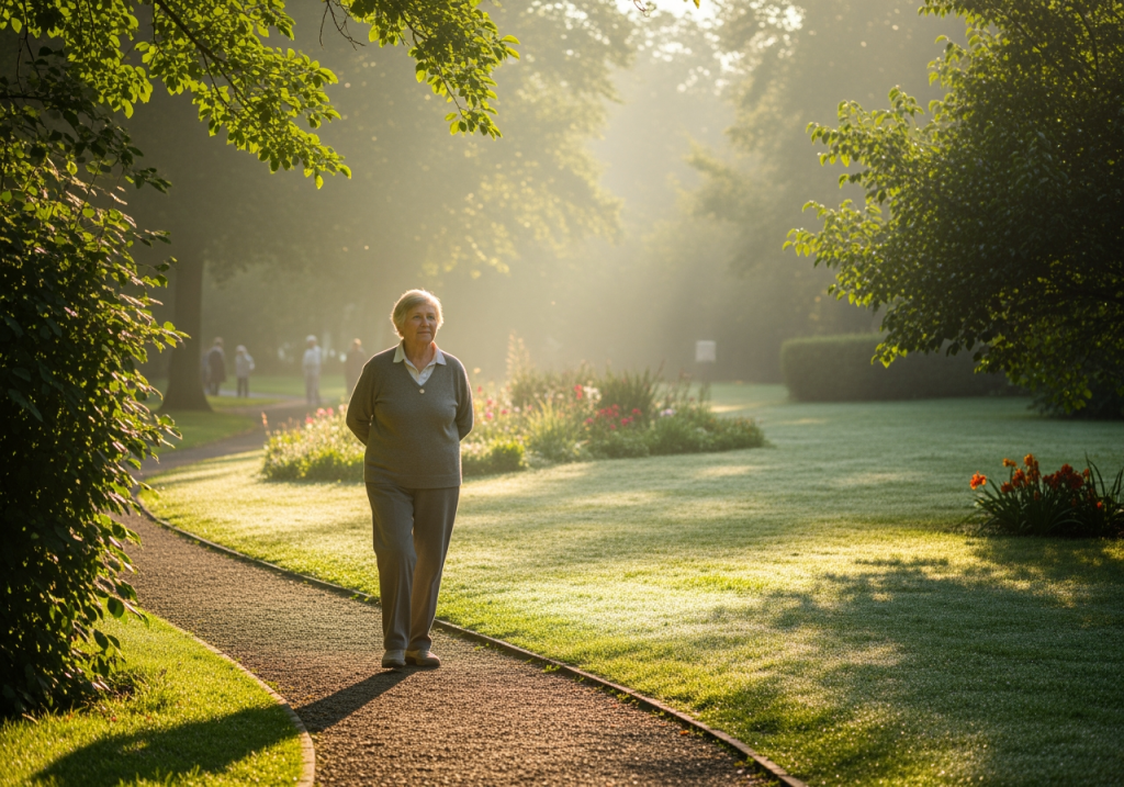 早晨公園中，一名老人緩慢散步，表情放鬆