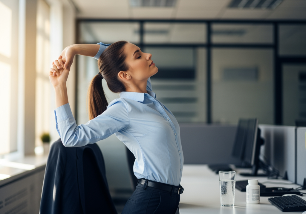 辦公室裡，上班族站起來伸展關節，桌邊放著水杯與保健食品