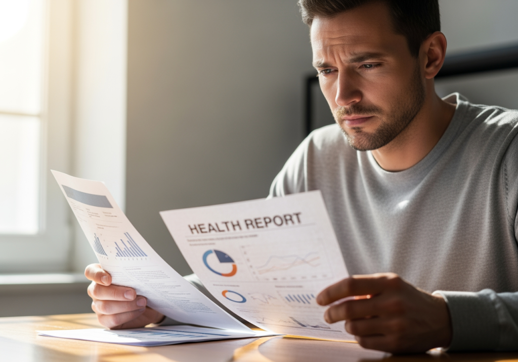 男性低頭查看健康報告，表情若有所思