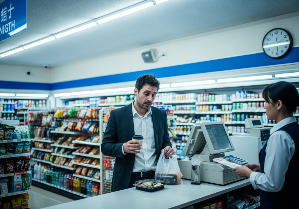 加班後，一名男性在便利商店買咖啡與宵夜