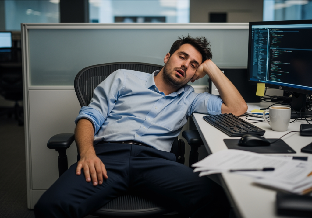 長時間坐在辦公椅上的男性上班族，神情疲憊、久未起身活動