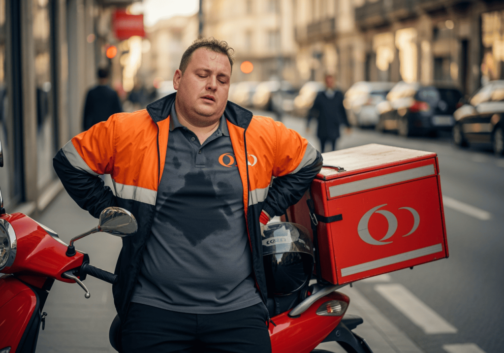 外送員停在路邊喘氣扶著腰，對應肥胖與代謝症候群的高風險族群