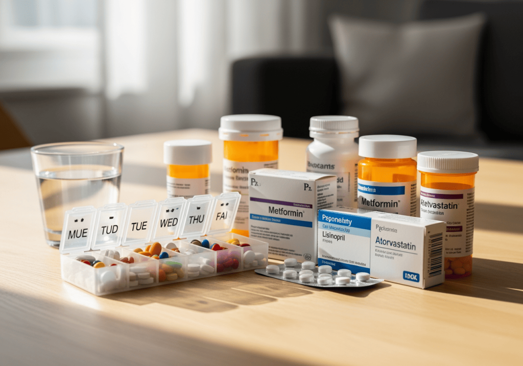 桌上放著藥盒與慢性病用藥