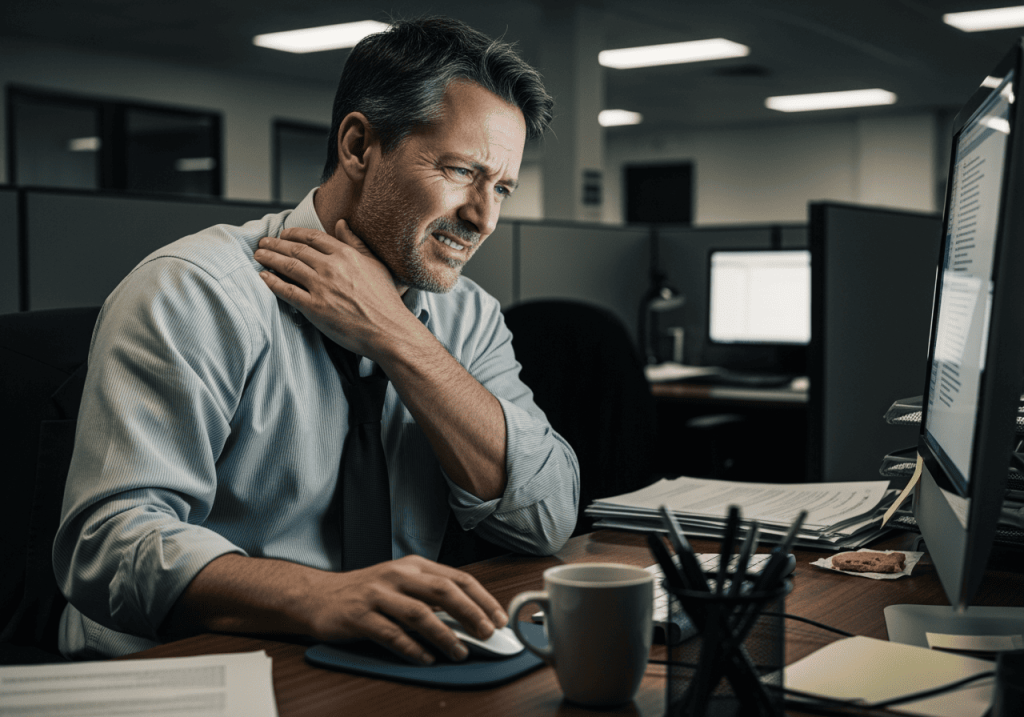 中年上班族坐在辦公桌前揉著肩頸，看著電腦螢幕皺眉