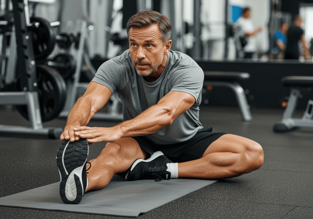 運動後的中年男性在健身房拉筋