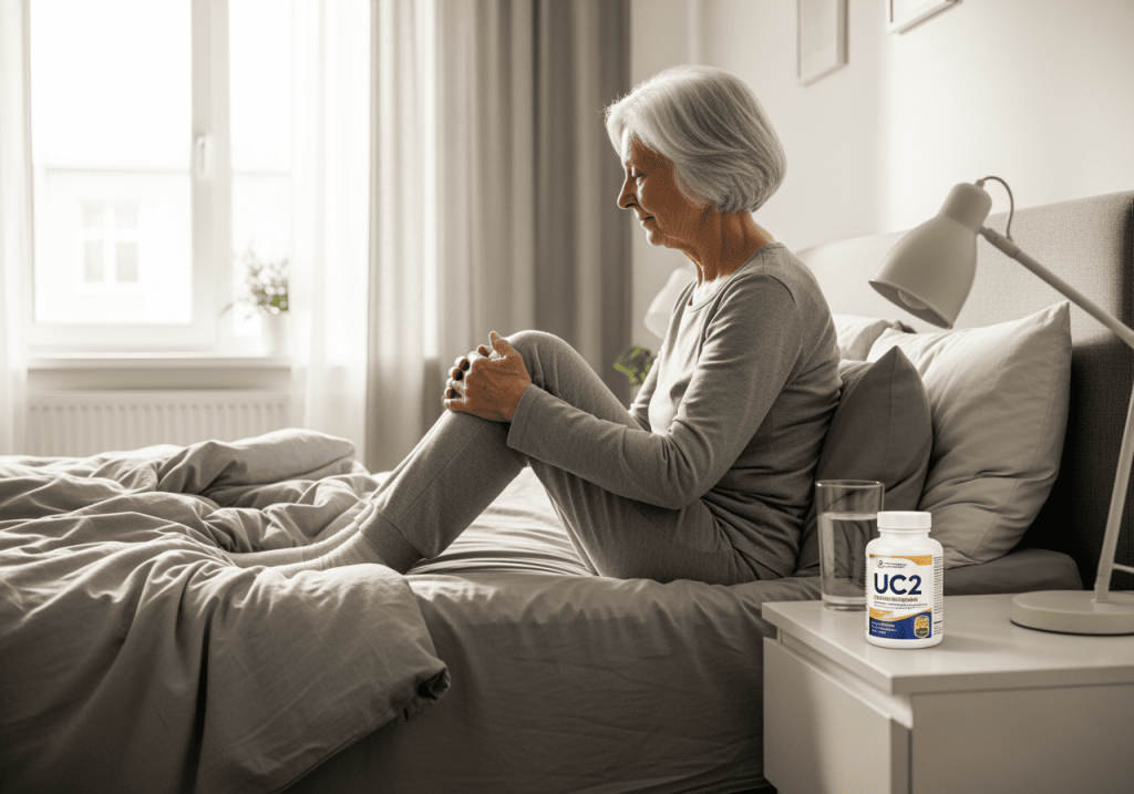 銀髮族早晨起床坐在床邊活動膝蓋，床頭櫃放著 UC2 保健品